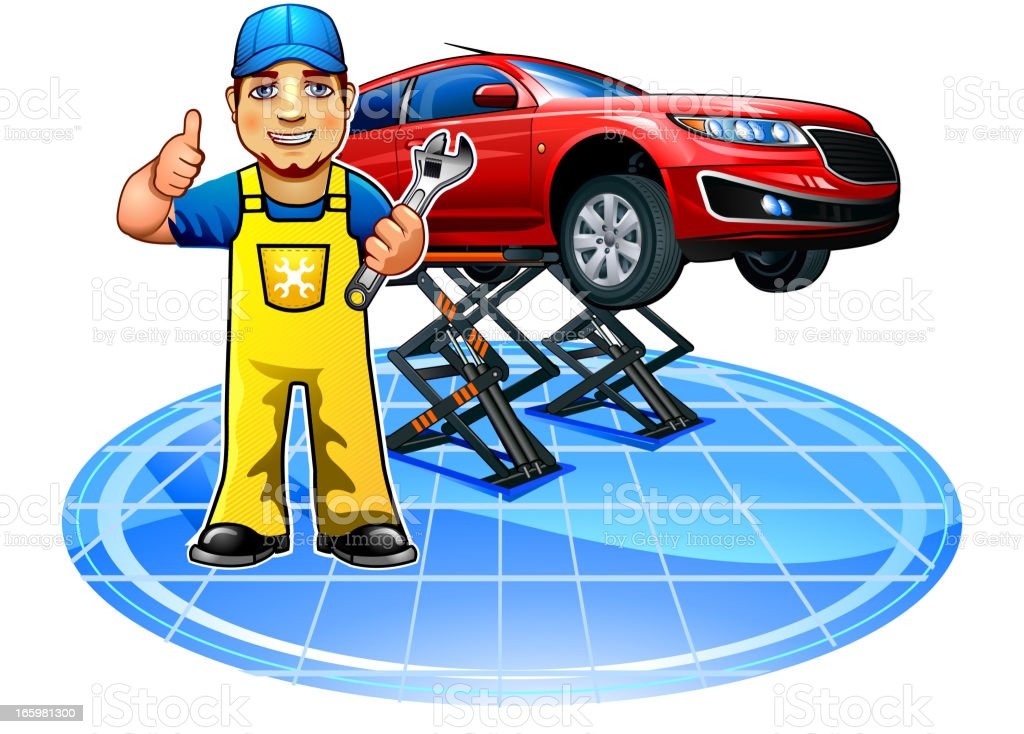 Karykatura uśmiechniętego mechanika w niebieskiej czapce i żółtym kombinezonie, trzymającego klucz francuski, z czerwonym samochodem na podnośniku warsztatowym w tle, na tle stylizowanej mapy świata.