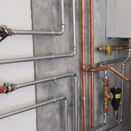 Złożona instalacja grzewcza z kotłem Termet, pompami obiegowymi i zbiornikiem. Różne rodzaje rur: miedziane, stalowe ocynkowane. Nowoczesny system w surowym wnętrzu.