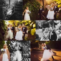 Kolaż zdjęć pary młodej w r&oacute;żnych sceneriach: schody metalowe, park z fontanną, ceglany budynek porośnięty bluszczem, w tonacji kolorowej i czarno-białej.