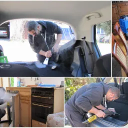 Czyszczenie parowe tapicerki samochodowej i meblowej: mężczyzna w czarnej bluzie czyści bagażnik samochodu parownicą, w tle widoczny zielony spryskiwacz, dodatkowo w kolażu czyszczenie krzeseł...