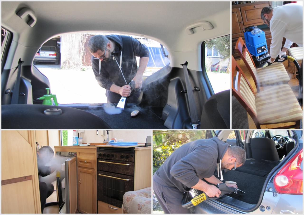 Czyszczenie parowe tapicerki samochodowej i meblowej: mężczyzna w czarnej bluzie czyści bagażnik samochodu parownicą, w tle widoczny zielony spryskiwacz, dodatkowo w kolażu czyszczenie krzeseł...