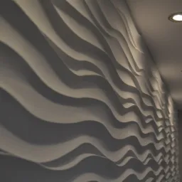 Biała, trójwymiarowa ściana z falistym wzorem podświetlona punktowymi lampami sufitowymi, widok z dołu.