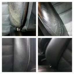Cztery ujęcia fragmentów czarnej skórzanej tapicerki samochodowej: widoczne ślady użytkowania i odświeżona powierzchnia.