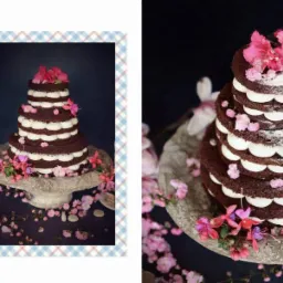 Wielopoziomowy tort czekoladowy z kremem i różowymi kwiatami, prezentowany na kamiennej paterze w dwóch ujęciach: jedno w ramce z wzorem w kratkę, drugie z bliska na ciemnym tle, podkreślające...