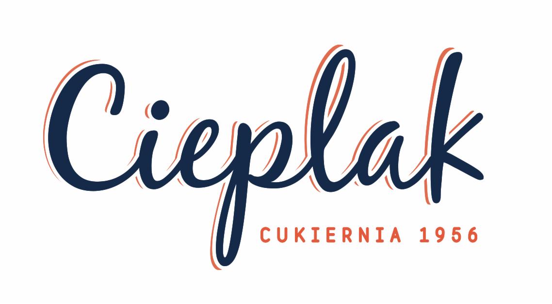 Logo firmy z napisem 'Cieplak CUKIERNA 1956' w granatowej, ozdobnej czcionce z pomarańczowymi obrysami na białym tle.
