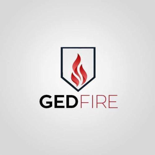 Logo firmy GEDFIRE z płomieniem w czarno-czerwonej kolorystyce umieszczonym w tarczy.