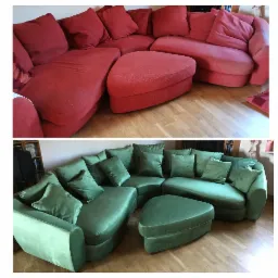 Zdjęcie 'przed i po' przedstawia narożnik z pufem w kształcie trójkąta; górna część pokazuje mebel w kolorze czerwonym, z widocznymi śladami użytkowania, a dolna część prezentuje ten sam narożnik...