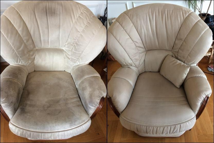 Kadr typu 'przed i po' prezentujący kremowy fotel tapicerowany: po lewej stronie widoczny silnie zabrudzony fotel, po prawej - ten sam fotel po czyszczeniu, z małą poduszką na siedzisku.
