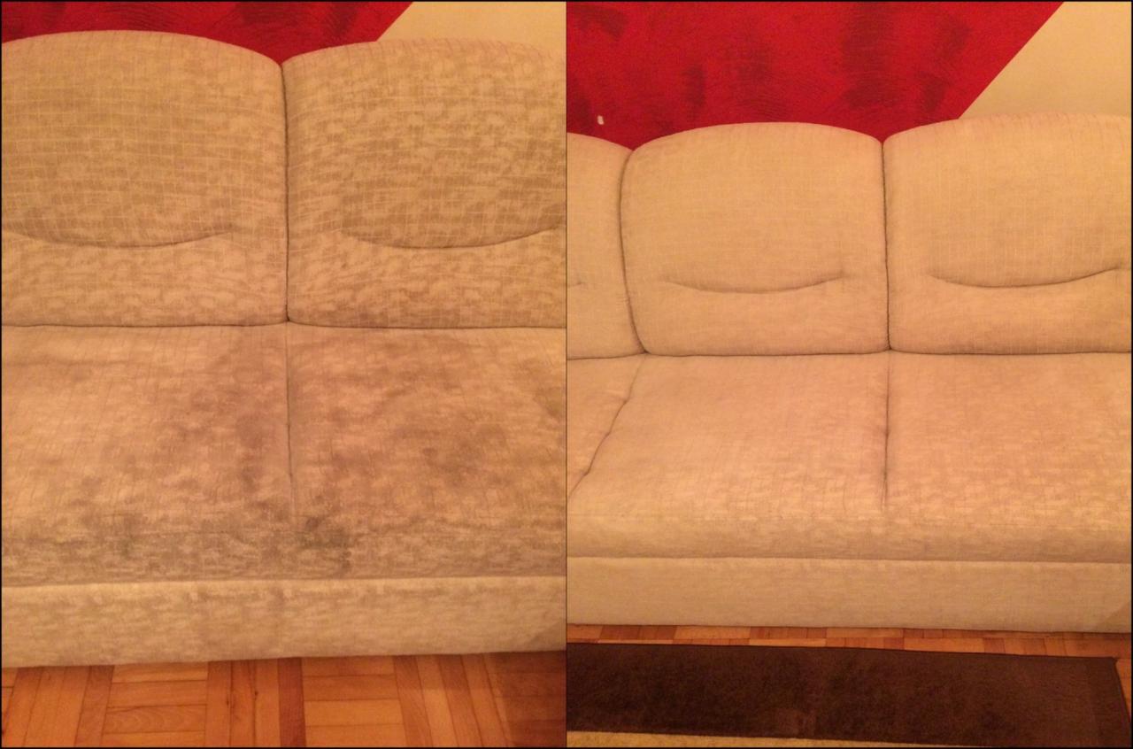 Beżowa sofa z widoczną różnicą w czystości: lewa strona zabrudzona, prawa po czyszczeniu, ukazująca efekt usługi.