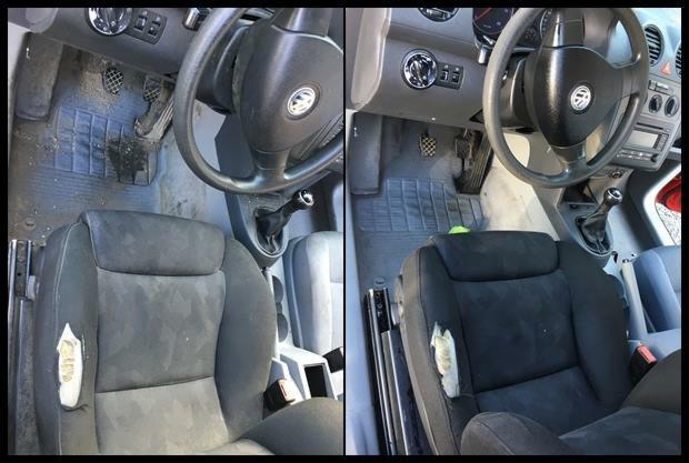 Porównanie stanu wnętrza samochodu przed i po czyszczeniu: widoczne różnice w czystości tapicerki fotela kierowcy, dywaników i deski rozdzielczej. Uszkodzenie tapicerki fotela kierowcy.