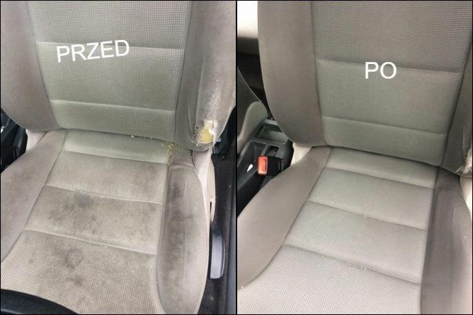 Tapicerka samochodowa przed i po czyszczeniu: zabrudzone i uszkodzone siedzenie po lewej, odświeżone i czyste po prawej.