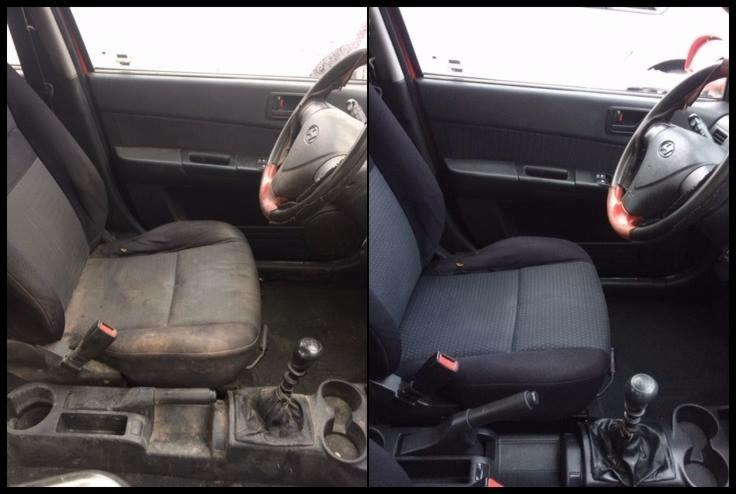 Porównanie wnętrza samochodu przed i po czyszczeniu: brudny fotel kierowcy i konsola środkowa po lewej, czyste i odświeżone po prawej stronie, widoczne różnice w kolorze i teksturze materiałów.