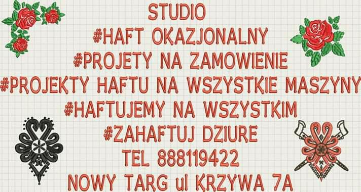 Projekt graficzny z hasłami reklamowymi studia haftu, zawierający motywy kwiatowe (róże) i elementy folklorystyczne, z informacjami kontaktowymi.