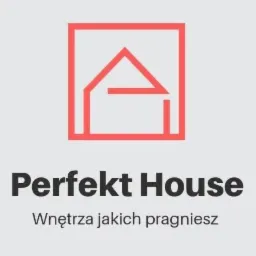 Logo firmy Perfekt House z graficznym symbolem domu w czerwonej ramce i hasłem 'Wnętrza jakich pragniesz'.