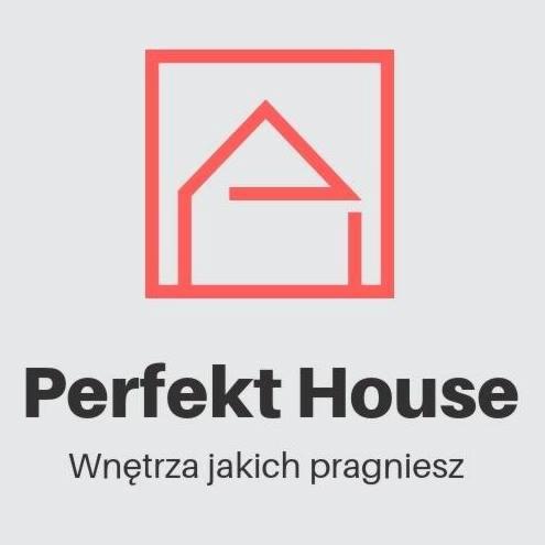 Logo firmy Perfekt House z graficznym symbolem domu w czerwonej ramce i hasłem 'Wnętrza jakich pragniesz'.