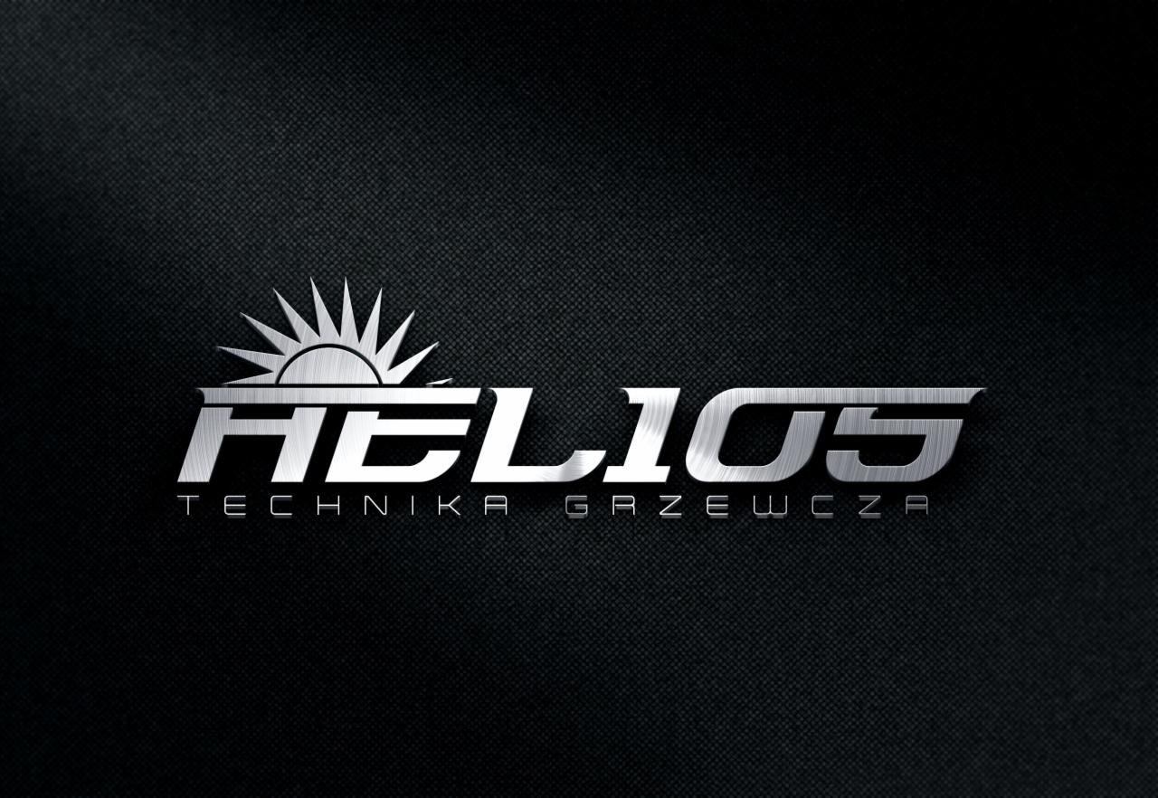 Metaliczne logo firmy Helios Technika Grzewcza na czarnym, teksturowanym tle.