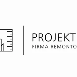 Logo firmy remontowej Projekt+ z minimalistycznym symbolem budynku i typografią na białym tle.