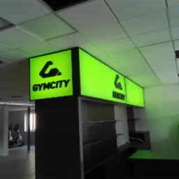 Podświetlane kasetony z logo 'Gymcity' zamontowane pod sufitem w lokalu, widoczne elementy wyposażenia siłowni w tle.