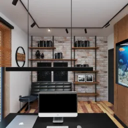 Wizualizacja pokoju biurowego z biurkiem, komputerem, akwarium z rybami i ceglaną ścianą z półkami na książki.