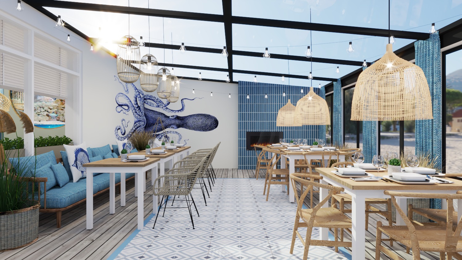 Jasne, przestronne wnętrze restauracji z motywem morskim: białe stoły z drewnianymi blatami, wiklinowe krzesła, niebieska sofa z poduszkami w ryby, mural z ośmiornicą i lampy z rattanu pod szklanym...