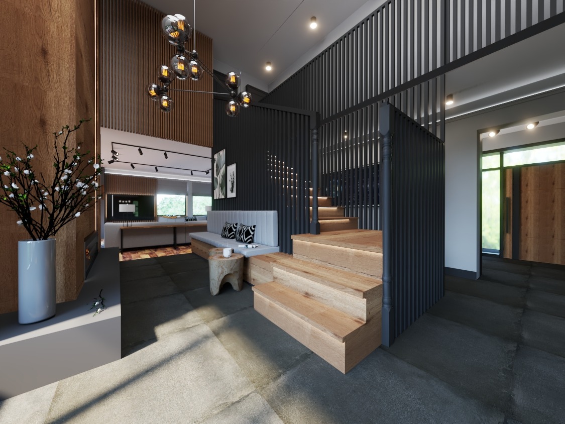 Nowoczesne wnętrze domu z drewnianymi schodami, czarnymi balustradami, szarą sofą z wzorzystymi poduszkami, stolikiem z pnia drzewa i awangardową lampą z kulistymi kloszami.