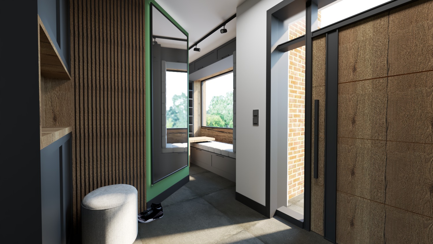 Nowoczesny przedpokój z drewnianą ścianą, pufą, lustrem w zielonej ramie i siedziskiem przy oknie.