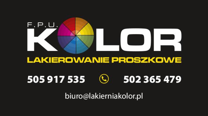 Logo firmy F.P.U. KOLOR z kolorowym kołem symbolizującym paletę barw, napis LAKIEROWANIE PROSZKOWE oraz numery telefonów i adres e-mail na czarnym tle.