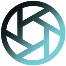 Abstrakcyjne logo w formie okręgu z sześciokątem w środku, imitujące przysłonę aparatu, z gradientem kolorów od ciemnego turkusu do jasnego błękitu.