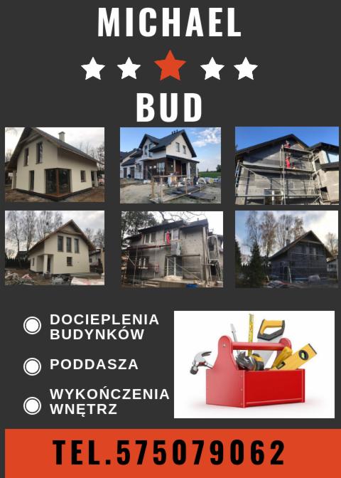 Kompozycja zdjęć przedstawiająca realizacje budowlane firmy Michael Bud: domy przed i w trakcie prac, narzędzia w czerwonej skrzynce, logo firmy i numer telefonu.