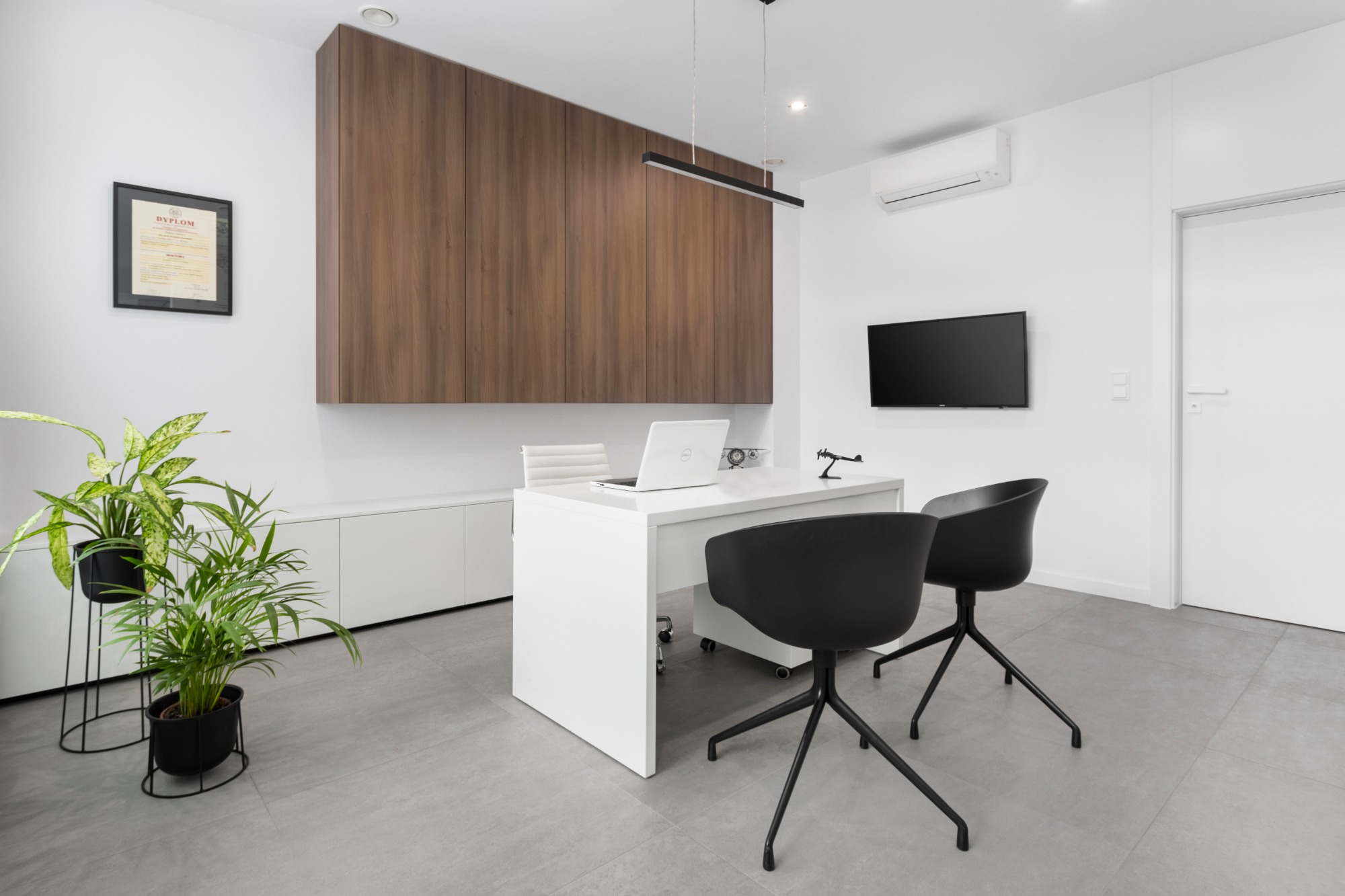 Nowoczesne biuro z białym biurkiem, czarnymi krzesłami, drewnianą zabudową ścienną, roślinami doniczkowymi i dyplomem w ramce.