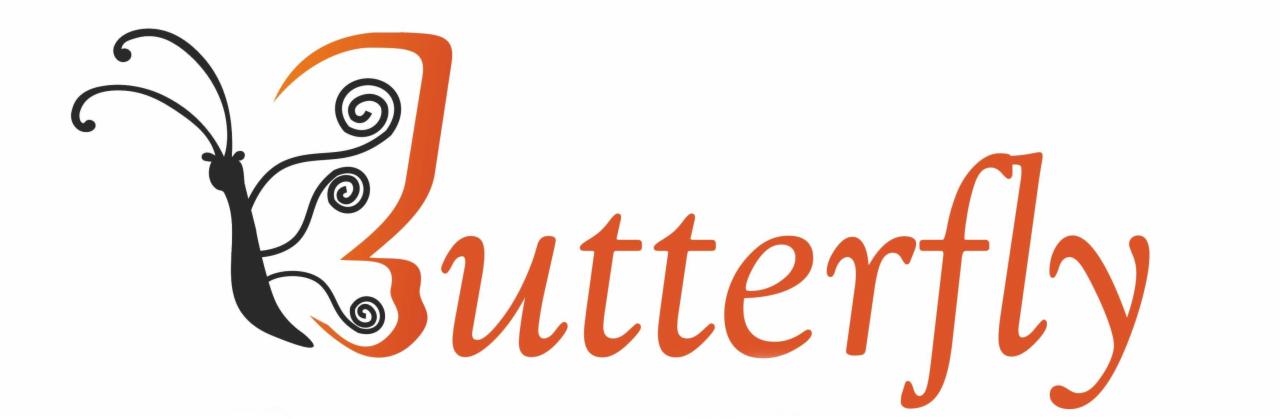 Logo firmy z Rydułtów przedstawiające stylizowaną sylwetkę motyla w kolorach czerni i pomarańczy, wpisaną w nazwę firmy 'Butterfly' napisaną ozdobną czcionką w kolorze pomarańczowym.