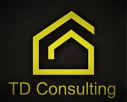 Żółte logo firmy TD Consulting przedstawiające uproszczony zarys domu na czarnym tle.