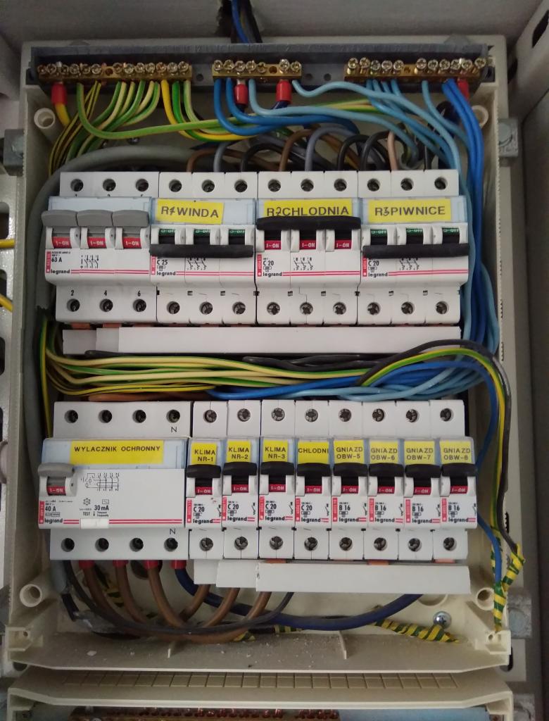 Otwarta skrzynka elektryczna z zainstalowanymi bezpiecznikami Legrand, oznaczonymi etykietami dla windy, chłodni, piwnicy, klimatyzacji i gniazd, widoczne różnokolorowe przewody.