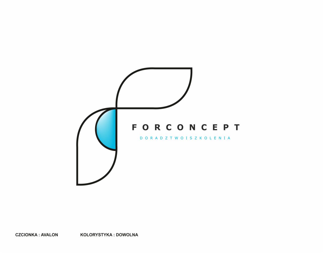 Logo firmy doradczej i szkoleniowej Forconcept z abstrakcyjnym symbolem graficznym, błękitnym akcentem i napisem. Czcionka Avalon, kolorystyka dowolna.