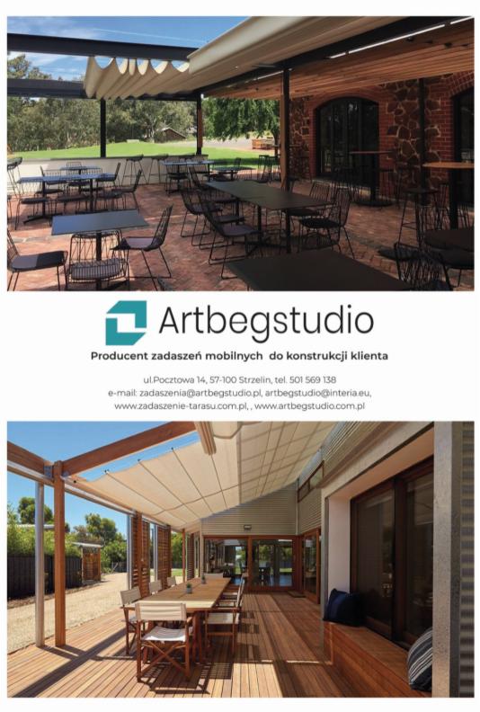 Dwa ujęcia tarasu z zadaszeniem materiałowym na konstrukcji drewnianej i metalowej, na pierwszym planie logo firmy Artbegstudio.
