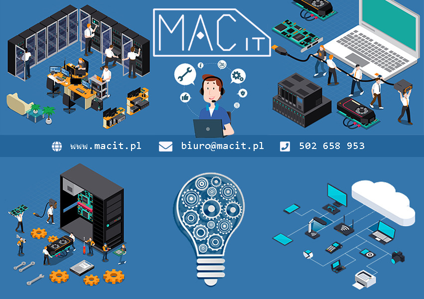 Grafika wektorowa przedstawiająca różne aspekty usług IT: serwerownia z pracownikami, naprawa laptopa, konfiguracja serwera, połączenia sieciowe, logo firmy MAC IT, dane kontaktowe oraz żarówka...