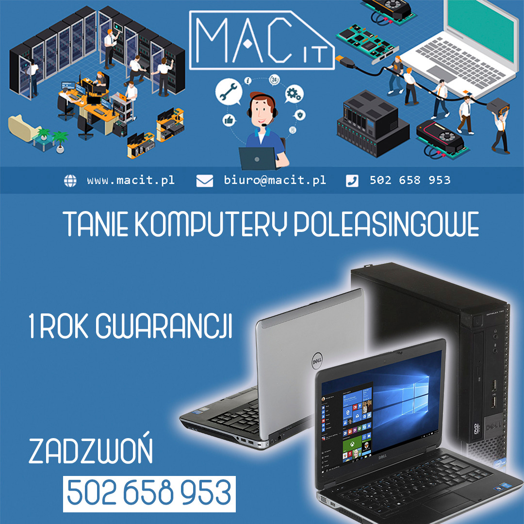 Ilustracja reklamowa firmy IT MacIT: wizualizacja serwerowni, obsługa klienta online, transport sprzętu, oferta komputerów poleasingowych Dell z roczną gwarancją, kontakt telefoniczny i mailowy.