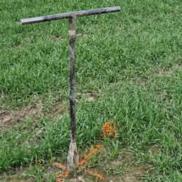 Próbnik glebowy wbity w ziemię na zarośniętym polu, obok widoczne pomarańczowe oznaczenia w ziemi.