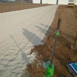 Badanie gruntu na placu budowy; widoczny biały, wyrównany teren, urządzenie do pomiaru zagęszczenia gruntu oraz budynek w tle.