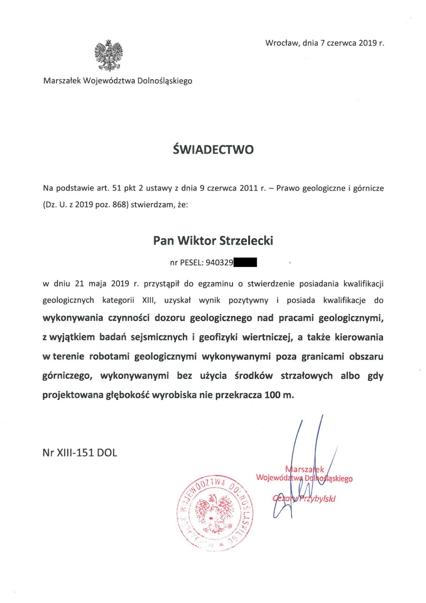 Skan świadectwa kwalifikacji geologicznych wydanego przez Marszałka Województwa Dolnośląskiego, potwierdzającego uprawnienia do wykonywania dozoru geologicznego nad pracami geologicznymi.