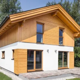 Dwukondygnacyjny dom z białym parterem i drewnianym piętrem, z dwuspadowym dachem i kamienną ścieżką prowadzącą do drzwi tarasowych.