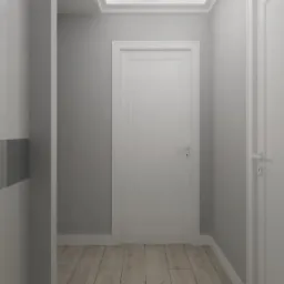 Korytarz w odcieniach szarości i bieli z drewnianą podłogą, oświetleniem sufitowym i dwiema białymi drzwiami.