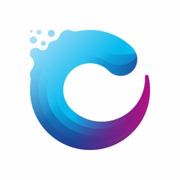 Abstrakcyjny symbol w kształcie litery C, gradient od jasnoniebieskiego przez granatowy do fioletu, z elementami przypominającymi krople wody.