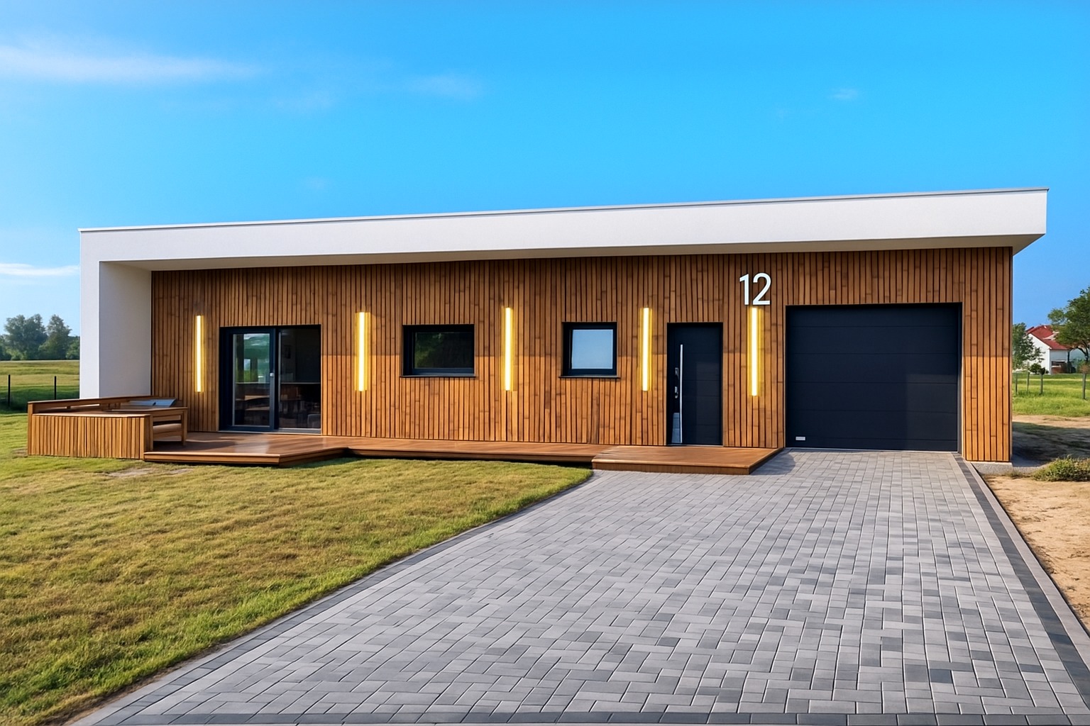 Nowoczesny dom szkieletowy z drewnianą elewacją, oświetleniem LED i brukowanym podjazdem w słoneczny dzień. Widoczny taras i garaż.