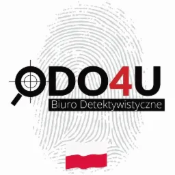 Logo biura z lupą zamiast litery O, odciskiem palca w tle i flagą Polski w dolnym rogu, nazwa 'ODO4U Biuro Detektywistyczne'.