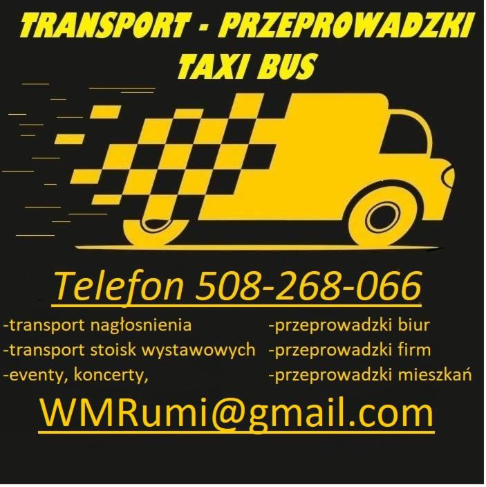Grafika reklamowa firmy transportowej z żółtym, stylizowanym busem w szachownicę, numerem telefonu i adresem e-mail na czarnym tle, oferującej transport i przeprowadzki.