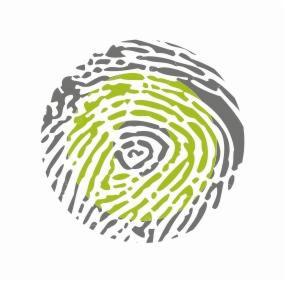 Stylizowany odcisk palca w kolorach szarości i zieleni na białym tle, przedstawiony jako logo.