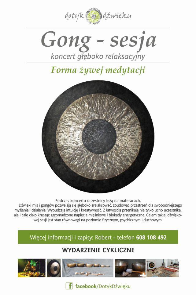 Plakat reklamowy sesji relaksacyjnej z wykorzystaniem gongu, z informacjami kontaktowymi i logo firmy.