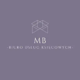 Logo firmy MB Biuro Usług Księgowych na fioletowym tle z geometrycznym symbolem.