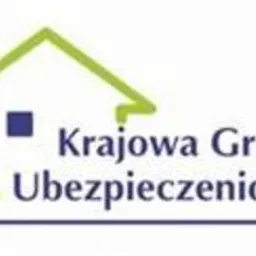 Logo Krajowej Grupy Ubezpieczeniowej z motywem domu w kolorze zielonym i niebieskim.
